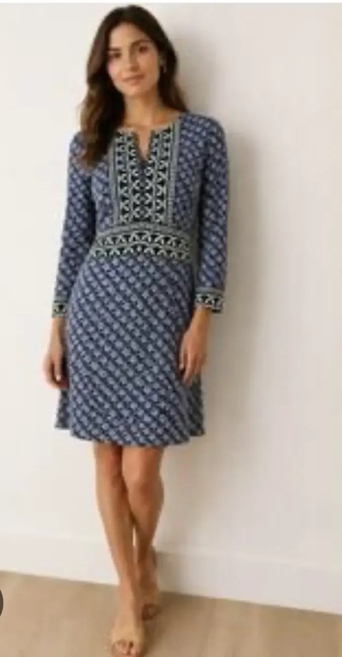 Tory Burch Long Sleeve Dress Goemetric/Floral Pattern Blue Green V-neck Size 6